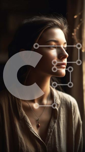 Intra Συλλεκτικό Ξύλινο Παζλ Plywood  4mm - Σκεπτική νεαρή γυναίκα με μπεζ πουκάμισο που κοιτάζει έξω από το παράθυρο Σε Ξύλινο Κουτί - Διαστάσεις Puzzle: 10x10 cm – 25 κομμάτια