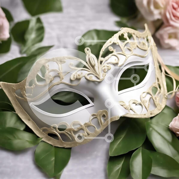 Σετ των 2 Intra Συλλεκτικό Ξύλινο Παζλ Plywood  4mm - Λευκή και χρυσή μάσκα μεταμφίεσης σε πράσινα φύλλα με ροζ τριαντάφυλλα στο φόντο Σε Ξύλινο Κουτί - Διαστάσεις: 10x10 cm – 25 κομμάτια