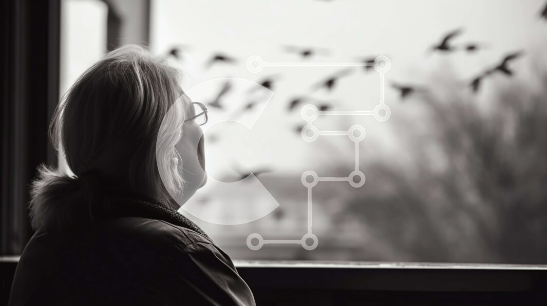 Intra Συλλεκτικό Ξύλινο Παζλ Plywood  4mm - Γαλήνια εικόνα μιας γυναίκας που παρακολουθεί το κοπάδι πουλιών να πετούν στον ουρανό Σε Ξύλινο Κουτί - Διαστάσεις Puzzle: 10x10 cm – 25 κομμάτια