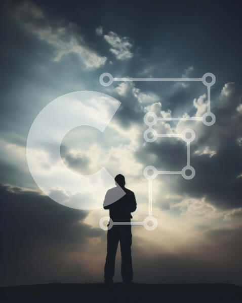 Intra Συλλεκτικό Ξύλινο Παζλ Plywood  4mm - Σιλουέτα ενός άνδρα που κρατά κινητό τηλέφωνο ενάντια στο συννεφιασμένο ουρανό Σε Ξύλινο Κουτί - Διαστάσεις Puzzle: 10x10 cm – 25 κομμάτια