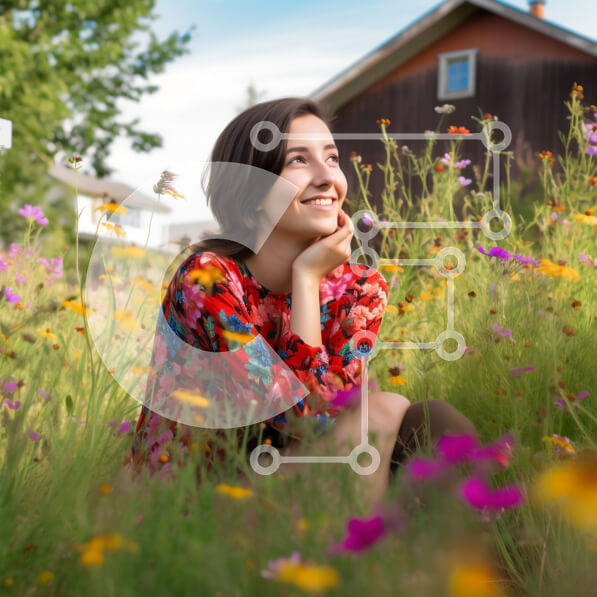 Intra Συλλεκτικό Ξύλινο Παζλ Plywood  4mm - Όμορφη εικόνα γυναίκας που περιβάλλεται από λουλούδια στο χωράφι Σε Ξύλινο Κουτί - Διαστάσεις: 10x10 cm – 25 κομμάτια