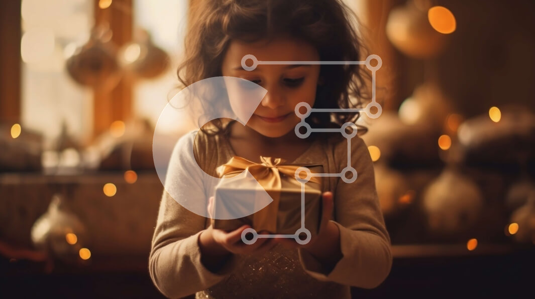 Intra Συλλεκτικό Ξύλινο Παζλ Plywood  4mm - Όμορφη εικόνα δώρου Χριστουγέννων: Κορίτσι που κρατά χρυσό κουτί με φιόγκο μπροστά από τα εορταστικά φώτα παραθύρων Σε Ξύλινο Κουτί - Διαστάσεις: 10x10 cm – 25 κομμάτια