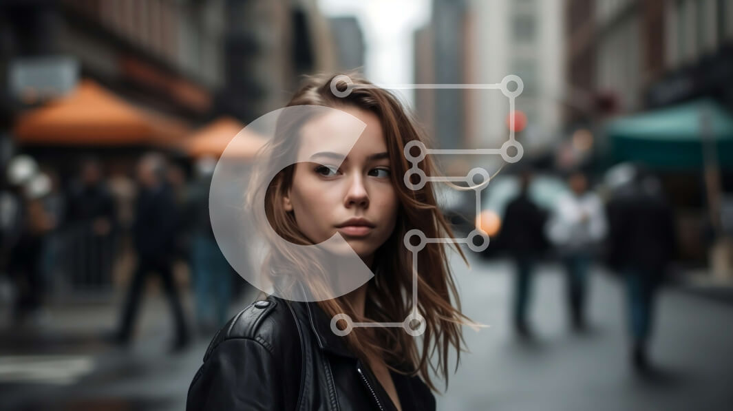 Intra Συλλεκτικό Ξύλινο Παζλ Plywood  4mm - Νεαρή γυναίκα με δερμάτινο μπουφάν που στέκεται στην πολυσύχναστη οδό της πόλης Σε Ξύλινο Κουτί - Διαστάσεις Puzzle: 10x10 cm – 25 κομμάτια