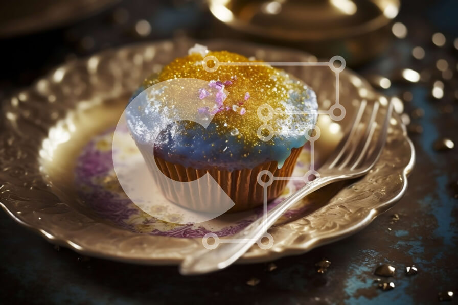 Σετ των 2 Intra Συλλεκτικό Ξύλινο Παζλ Plywood  4mm - Λαχταριστό μπλε και χρυσό cupcake με ασημένιο πιάτο και πιρούνι Σε Ξύλινο Κουτί - Διαστάσεις: 10x10 cm – 25 κομμάτια