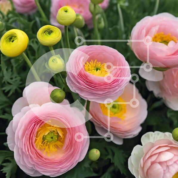 Intra Συλλεκτικό Ξύλινο Παζλ Plywood  4mm - Συστάδα ροζ και κίτρινων λουλουδιών σε πράσινο φύλλωμα Σε Ξύλινο Κουτί - Διαστάσεις: 10x10 cm – 25 κομμάτια