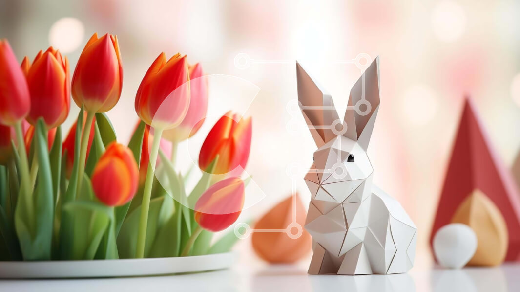 Intra Συλλεκτικό Ξύλινο Παζλ Plywood  4mm - Επίδειξη με θέμα το Πάσχα με κουνέλι Origami και τουλίπες Σε Ξύλινο Κουτί - Διαστάσεις Puzzle: 10x10 cm – 25 κομμάτια