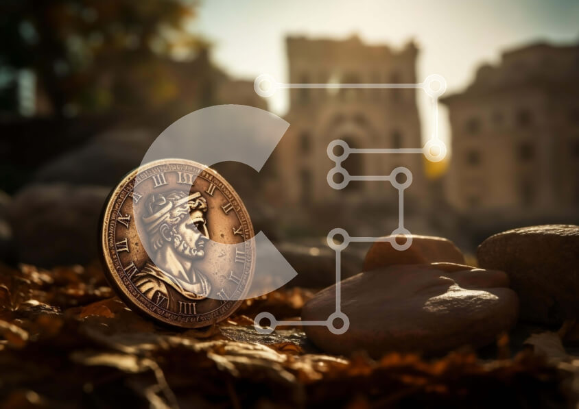 Intra Συλλεκτικό Ξύλινο Παζλ Plywood  4mm - Αρχαίο ρωμαϊκό νόμισμα σε βράχους και φύλλα Σε Ξύλινο Κουτί - Διαστάσεις Puzzle: 10x10 cm – 25 κομμάτια