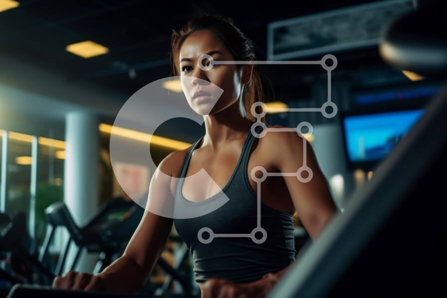 Intra Συλλεκτικό Ξύλινο Παζλ Plywood  4mm - Αποφασισμένη νεαρή γυναίκα που προπονείται στον διάδρομο στο γυμναστήριο με μαύρο αθλητικό σουτιέν και σορτς Σε Ξύλινο Κουτί - Διαστάσεις Puzzle: 10x10 cm – 25 κομμάτια