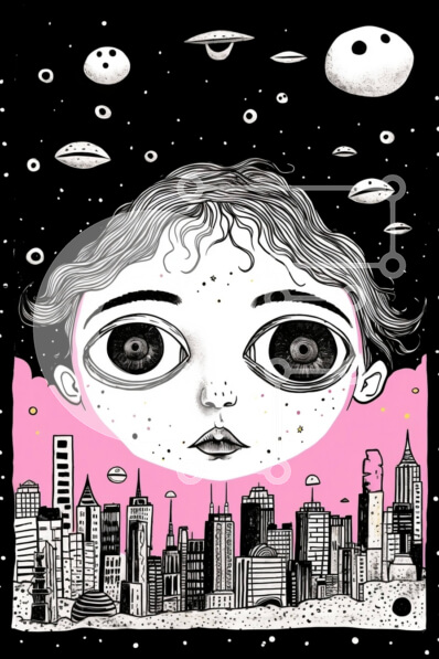 Intra Συλλεκτικό Ξύλινο Παζλ Plywood  4mm - Κορίτσι σε σκηνικό που μοιάζει με εξωγήινους με αστέρια και πλανήτες Σε Ξύλινο Κουτί - Διαστάσεις Puzzle: 10x10 cm – 25 κομμάτια