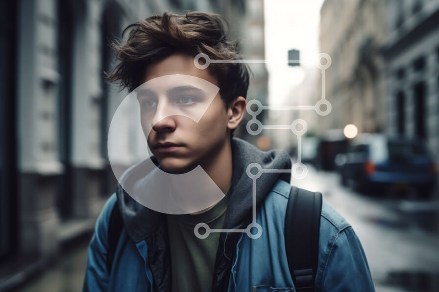 Intra Συλλεκτικό Ξύλινο Παζλ Plywood  4mm - Κομψός νεαρός άνδρας με μπλε σακάκι σε βροχερό δρόμο της πόλης Σε Ξύλινο Κουτί - Διαστάσεις Puzzle: 10x10 cm – 25 κομμάτια