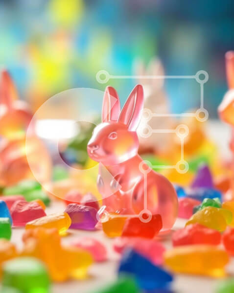 Intra Συλλεκτικό Ξύλινο Παζλ Plywood  4mm - Πολύχρωμα ειδώλια λαγουδάκι του Πάσχα σε Gummy Bears Σε Ξύλινο Κουτί - Διαστάσεις Puzzle: 10x10 cm – 25 κομμάτια