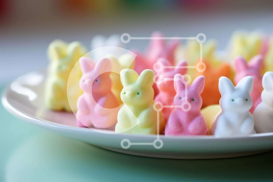 Intra Συλλεκτικό Ξύλινο Παζλ Plywood  4mm - Πολύχρωμα κουνελάκια Marshmallow στο λευκό πιάτο Σε Ξύλινο Κουτί - Διαστάσεις: 10x10 cm – 25 κομμάτια