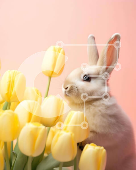 Intra Συλλεκτικό Ξύλινο Παζλ Plywood  4mm - Λευκό λαγουδάκι που περιβάλλεται από κίτρινες τουλίπες Σε Ξύλινο Κουτί - Διαστάσεις: 10x10 cm – 25 κομμάτια