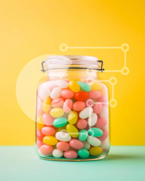 Σετ των 2 Intra Συλλεκτικό Ξύλινο Παζλ Plywood  4mm - Πολύχρωμα φασόλια ζελέ σε γυάλινο βάζο σε κίτρινο φόντο Σε Ξύλινο Κουτί - Διαστάσεις: 10x10 cm – 25 κομμάτια