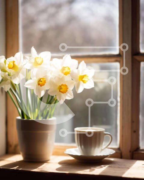 Σετ των 2 Intra Συλλεκτικό Ξύλινο Παζλ Plywood  4mm - Φλιτζάνι καφέ και Νάρκισσοι στο περβάζι του παραθύρου Σε Ξύλινο Κουτί - Διαστάσεις: 10x10 cm – 25 κομμάτια