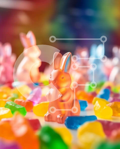 Intra Συλλεκτικό Ξύλινο Παζλ Plywood  4mm - Πολύχρωμο ζαχαρωτό κουνελιού που περιβάλλεται από ζαχαρωτά ζελέ Σε Ξύλινο Κουτί - Διαστάσεις: 10x10 cm – 25 κομμάτια