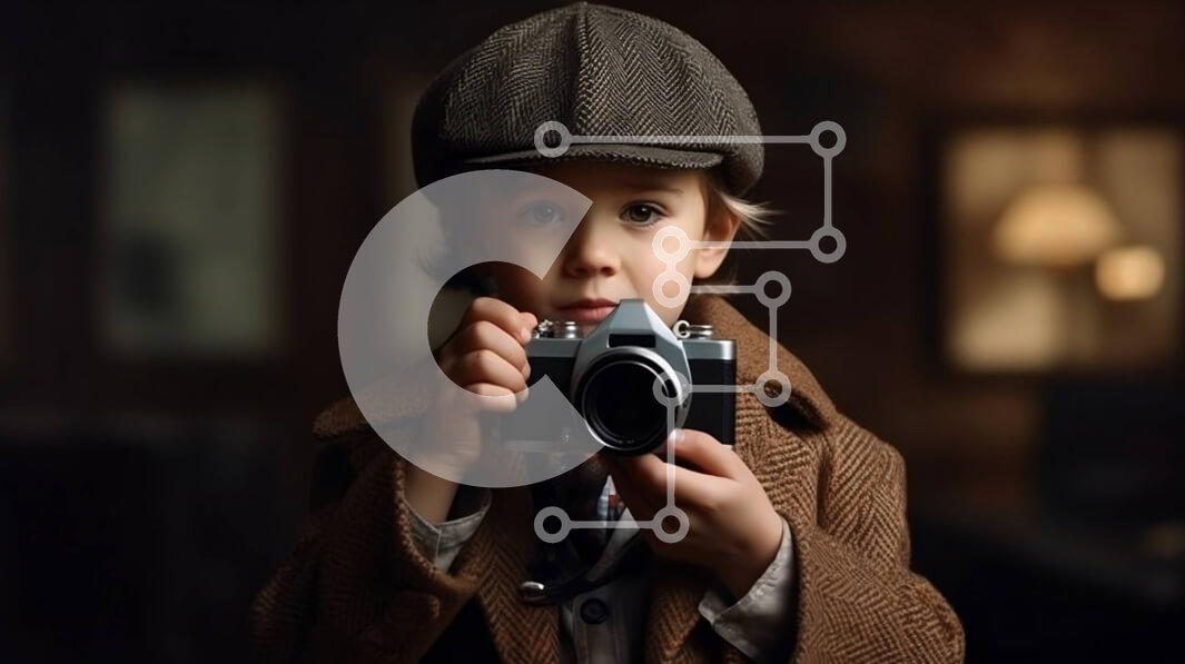 Intra Συλλεκτικό Ξύλινο Παζλ Plywood  4mm - Νεαρό αγόρι με vintage κάμερα σε καφέ παλτό και καπέλο Σε Ξύλινο Κουτί - Διαστάσεις Puzzle: 10x10 cm – 25 κομμάτια