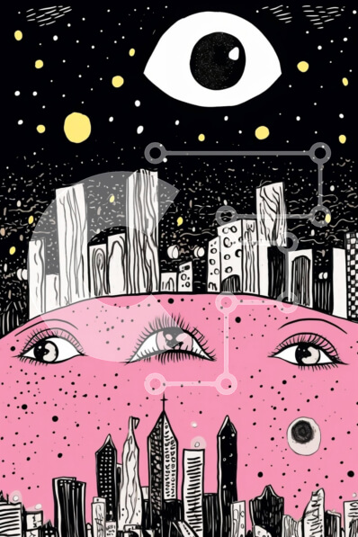 Intra Συλλεκτικό Ξύλινο Παζλ Plywood  4mm - Εικονογράφηση του ροζ αστικό τοπίο με τα μάτια Σε Ξύλινο Κουτί - Διαστάσεις Puzzle: 10x10 cm – 25 κομμάτια