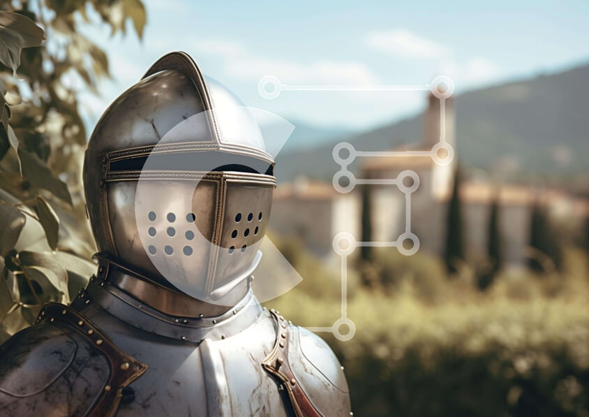 Intra Συλλεκτικό Ξύλινο Παζλ Plywood  4mm - Μεσαιωνικός ιππότης με πανοπλία που στέκεται σε ανοιχτό πεδίο με δέντρα και βουνά Σε Ξύλινο Κουτί - Διαστάσεις Puzzle: 10x10 cm – 25 κομμάτια