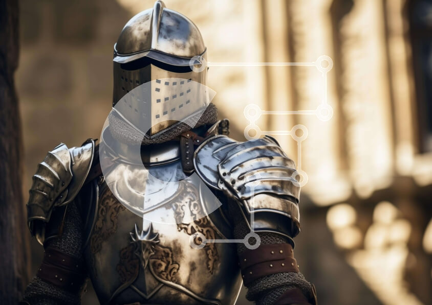 Intra Συλλεκτικό Ξύλινο Παζλ Plywood  4mm - Μεσαιωνικός ιππότης στην πανοπλία έξω από το παλιό κτίριο Σε Ξύλινο Κουτί - Διαστάσεις Puzzle: 10x10 cm – 25 κομμάτια