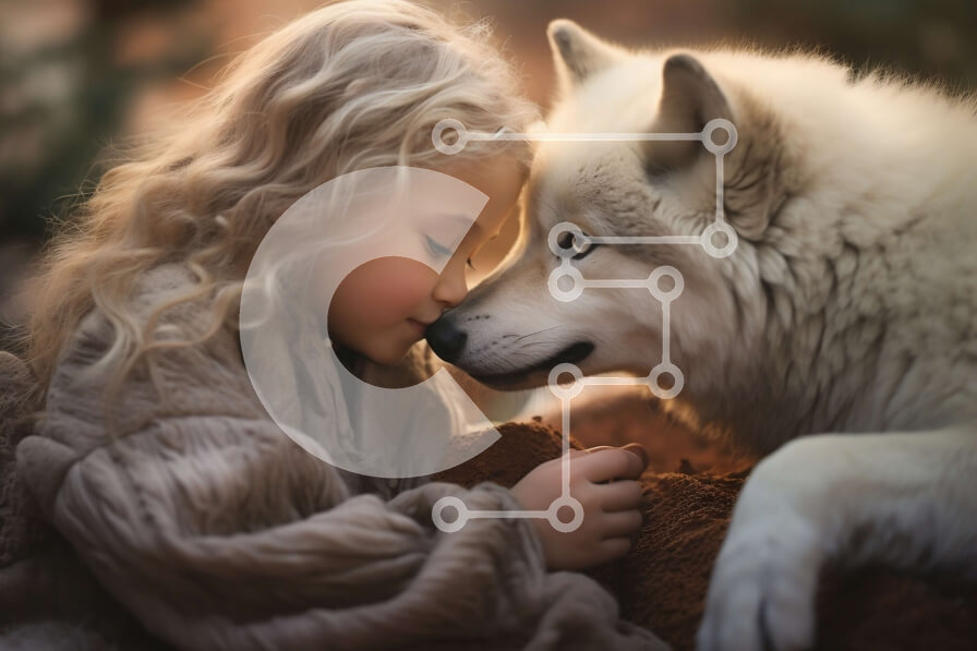 Σετ των 2 Intra Συλλεκτικό Ξύλινο Παζλ Plywood  4mm - Ειρηνική σκηνή ενός κοριτσιού και ενός λευκού λύκου σε ένα δάσος Σε Ξύλινο Κουτί - Διαστάσεις: 10x10 cm – 25 κομμάτια