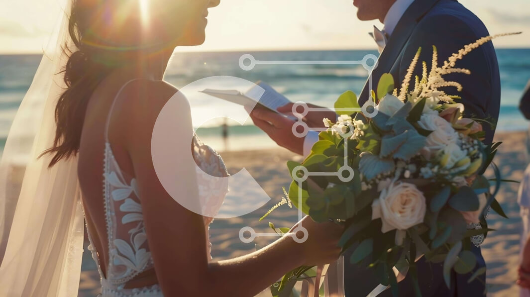 Intra Συλλεκτικό Ξύλινο Παζλ Plywood  4mm - Νεόνυμφο ζευγάρι στην παραλία που διαβάζει τους γαμήλιους όρκους στο ηλιοβασίλεμα Σε Ξύλινο Κουτί - Διαστάσεις: 10x10 cm – 25 κομμάτια