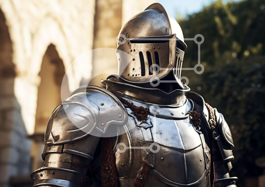 Intra Συλλεκτικό Ξύλινο Παζλ Plywood  4mm - Μεσαιωνικός ιππότης με πανοπλία που στέκεται μπροστά από το παλιό κτίριο Σε Ξύλινο Κουτί - Διαστάσεις Puzzle: 10x10 cm – 25 κομμάτια