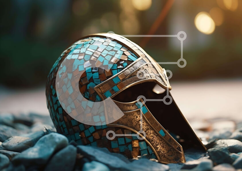 Intra Συλλεκτικό Ξύλινο Παζλ Plywood  4mm - Αρχαίο σπαρτιατικό κράνος με μπλε και χρυσά ψηφιδωτά πλακάκια Σε Ξύλινο Κουτί - Διαστάσεις Puzzle: 10x10 cm – 25 κομμάτια