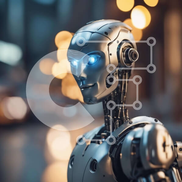 Intra Συλλεκτικό Ξύλινο Παζλ Plywood  4mm - Ρομπότ με μπλε μάτια στην πόλη Σε Ξύλινο Κουτί - Διαστάσεις Puzzle: 10x10 cm – 25 κομμάτια