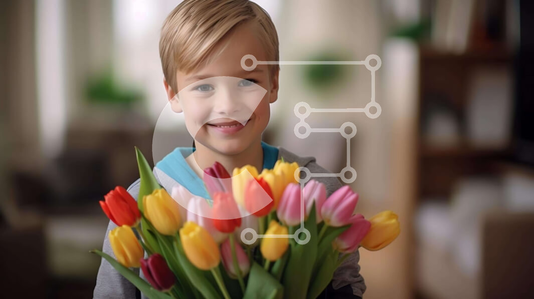 Intra Συλλεκτικό Ξύλινο Παζλ Plywood  4mm - Νεαρό αγόρι που χαμογελά με τις πολύχρωμες τουλίπες Σε Ξύλινο Κουτί - Διαστάσεις Puzzle: 10x10 cm – 25 κομμάτια