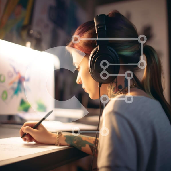 Intra Συλλεκτικό Ξύλινο Παζλ Plywood  4mm - Δημιουργική γυναίκα με τατουάζ που σχεδιάζει στο γραφείο Σε Ξύλινο Κουτί - Διαστάσεις Puzzle: 10x10 cm – 25 κομμάτια