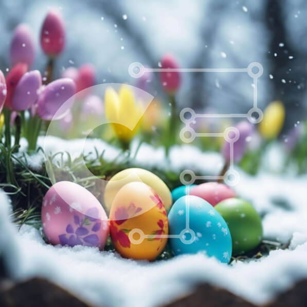 Intra Συλλεκτικό Ξύλινο Παζλ Plywood  4mm - Πολύχρωμα Πασχαλινά αυγά στο χιονισμένο καλάθι με τουλίπες και νάρκισσους Σε Ξύλινο Κουτί - Διαστάσεις: 10x10 cm – 25 κομμάτια