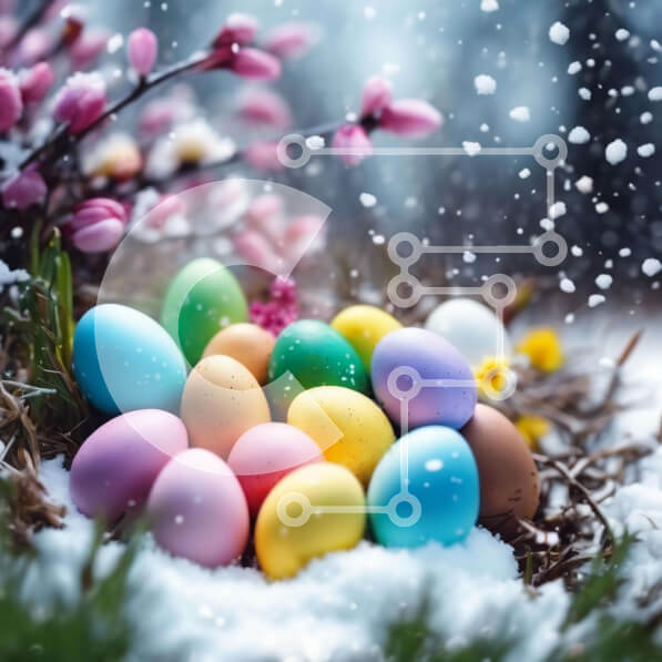 Intra Συλλεκτικό Ξύλινο Παζλ Plywood  4mm - Πολύχρωμα Πασχαλινά αυγά στο χιόνι με ροζ και άσπρα λουλούδια Σε Ξύλινο Κουτί - Διαστάσεις Puzzle: 10x10 cm – 25 κομμάτια