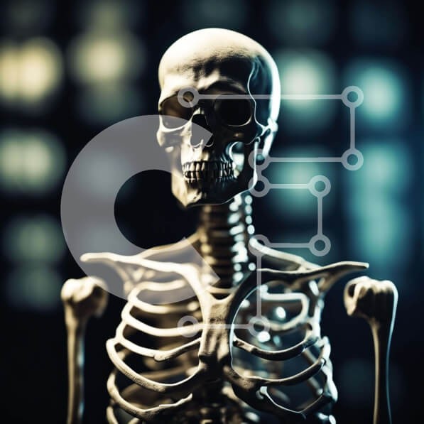 Intra Συλλεκτικό Ξύλινο Παζλ Plywood  4mm - Σκελετός που στέκεται μπροστά από σκούρο φόντο Σε Ξύλινο Κουτί - Διαστάσεις Puzzle: 10x10 cm – 25 κομμάτια