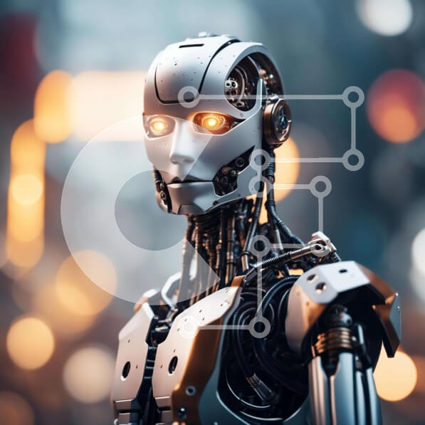 Intra Συλλεκτικό Ξύλινο Παζλ Plywood  4mm - Φουτουριστικό ρομπότ με φωτεινά κίτρινα μάτια σε αστικό περιβάλλον Σε Ξύλινο Κουτί - Διαστάσεις Puzzle: 10x10 cm – 25 κομμάτια