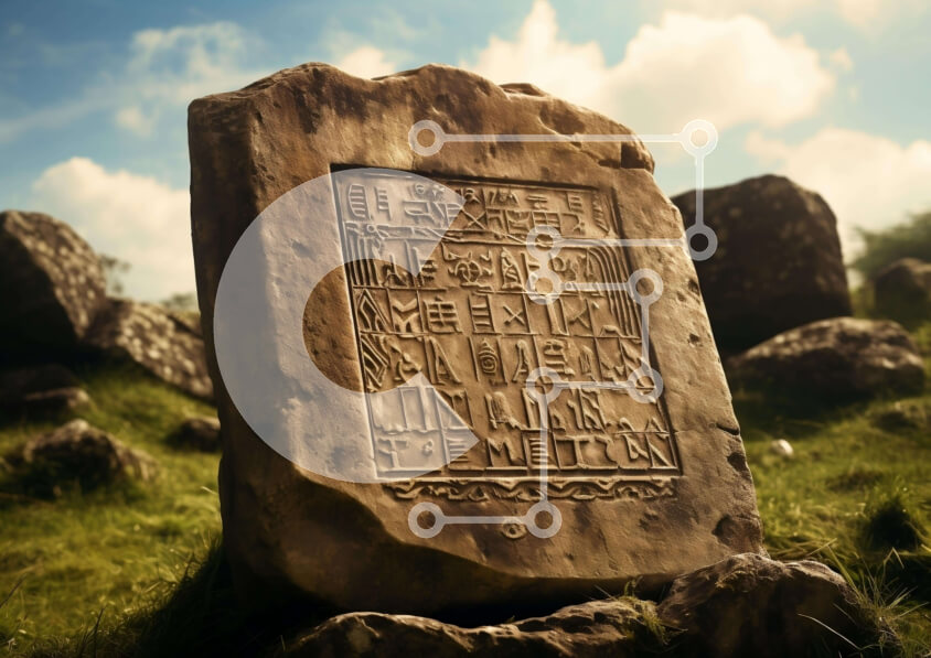 Intra Συλλεκτικό Ξύλινο Παζλ Plywood  4mm - Αρχαία πέτρινη επιγραφή στο χορτάρι Σε Ξύλινο Κουτί - Διαστάσεις Puzzle: 10x10 cm – 25 κομμάτια