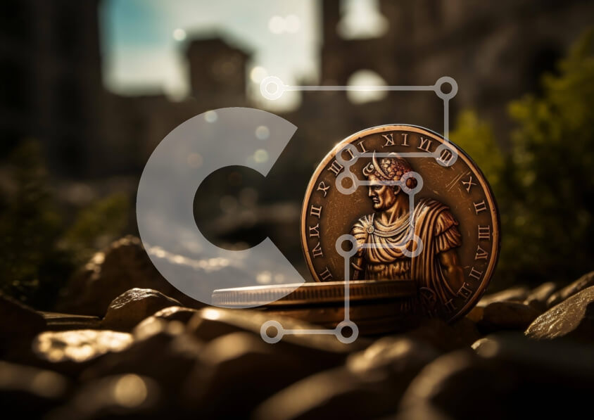 Intra Συλλεκτικό Ξύλινο Παζλ Plywood  4mm - Κέρμα του Ρωμαίου Αυτοκράτορα Ιούλιου Καίσαρα σε βράχους και βρωμιά Σε Ξύλινο Κουτί - Διαστάσεις Puzzle: 10x10 cm – 25 κομμάτια