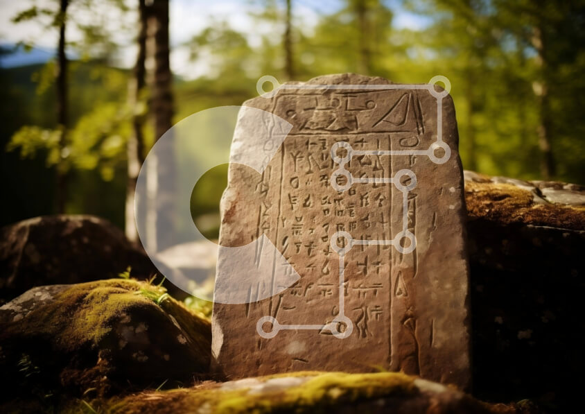 Intra Συλλεκτικό Ξύλινο Παζλ Plywood  4mm - Αρχαία πέτρα με επιγραφές σε δασώδη περιοχή Σε Ξύλινο Κουτί - Διαστάσεις Puzzle: 10x10 cm – 25 κομμάτια