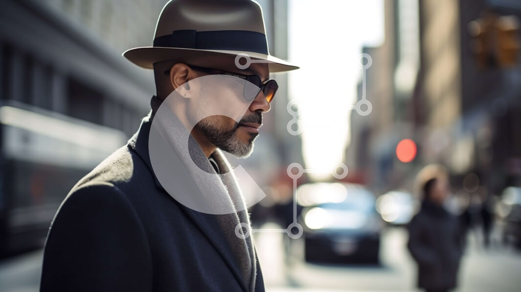 Intra Συλλεκτικό Ξύλινο Παζλ Plywood  4mm - Κομψός άνδρας με κοστούμι και καπέλο που περπατά στην οδό της πόλης Σε Ξύλινο Κουτί - Διαστάσεις Puzzle: 10x10 cm – 25 κομμάτια