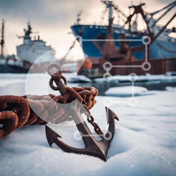 Intra Συλλεκτικό Ξύλινο Παζλ Plywood  4mm - Αγκυρωμένο πλοίο στο χιόνι με μεγάλο φορτηγό πλοίο Σε Ξύλινο Κουτί - Διαστάσεις Puzzle: 10x10 cm – 25 κομμάτια