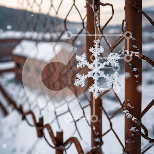 Intra Συλλεκτικό Ξύλινο Παζλ Plywood  4mm - Νιφάδα χιονιού που κρέμεται από φράχτη με αλυσίδες μπροστά από το βιομηχανικό κτίριο Σε Ξύλινο Κουτί - Διαστάσεις Puzzle: 10x10 cm – 25 κομμάτια