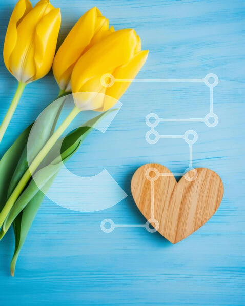 Intra Συλλεκτικό Ξύλινο Παζλ Plywood  4mm - Κίτρινες τουλίπες και αντικείμενο σε σχήμα καρδιάς σε μπλε φόντο Σε Ξύλινο Κουτί - Διαστάσεις: 10x10 cm – 25 κομμάτια