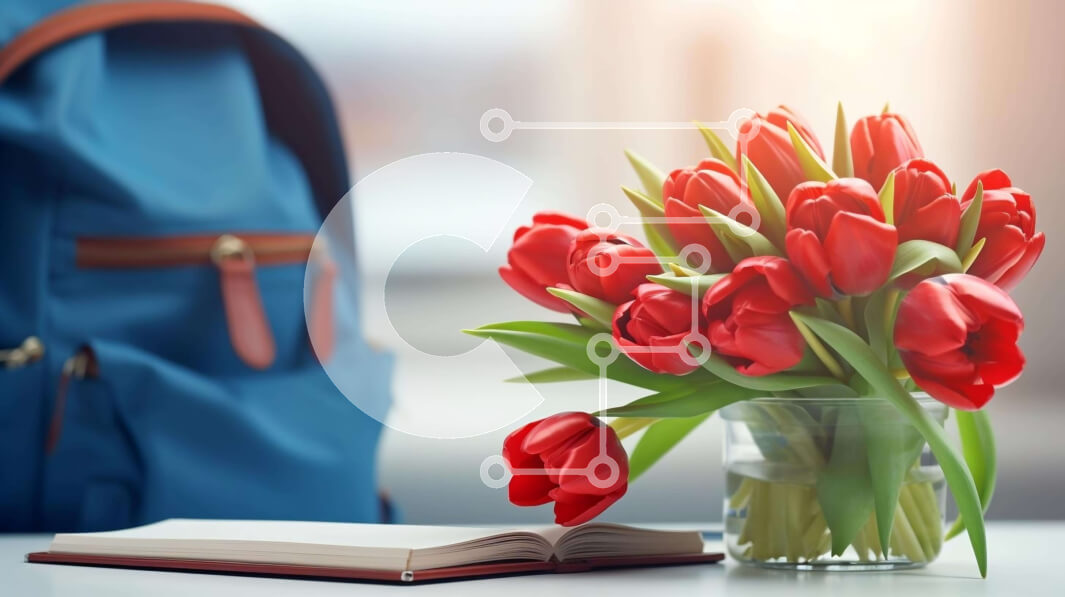 Intra Συλλεκτικό Ξύλινο Παζλ Plywood  4mm - Κόκκινες τουλίπες σε γυάλινο βάζο με ανοιχτό βιβλίο και σακίδιο Σε Ξύλινο Κουτί - Διαστάσεις: 10x10 cm – 25 κομμάτια