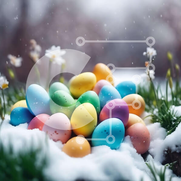 Intra Συλλεκτικό Ξύλινο Παζλ Plywood  4mm - Πολύχρωμα Πασχαλινά αυγά στο χιόνι με λουλούδια και πράσινο γρασίδι Σε Ξύλινο Κουτί - Διαστάσεις: 10x10 cm – 25 κομμάτια