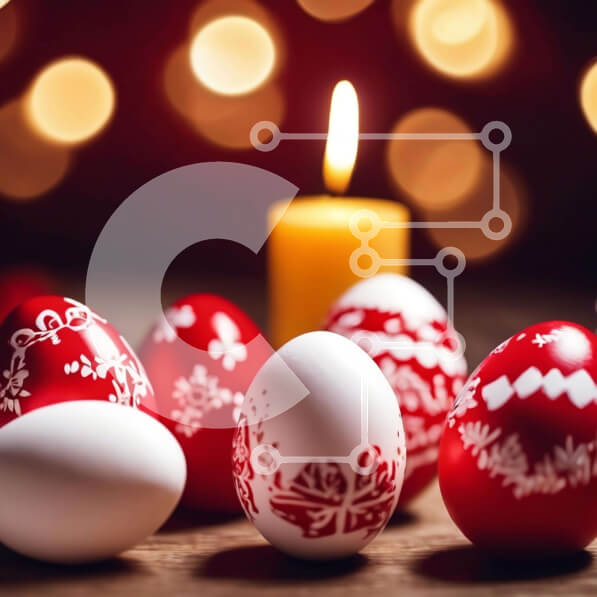 Intra Συλλεκτικό Ξύλινο Παζλ Plywood  4mm - Κόκκινα και άσπρα διακοσμημένα Πασχαλινά αυγά σε ξύλινο τραπέζι με κερί Σε Ξύλινο Κουτί - Διαστάσεις: 10x10 cm – 25 κομμάτια