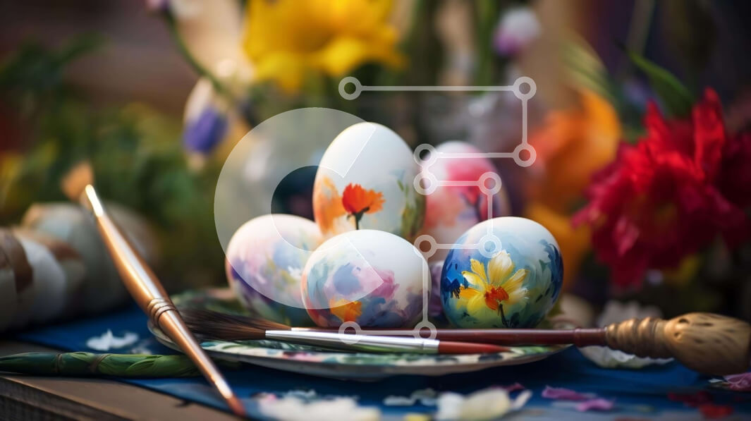 Intra Συλλεκτικό Ξύλινο Παζλ Plywood  4mm - Βαμμένα Πασχαλινά αυγά στο πιάτο με πινέλα και λουλούδια Σε Ξύλινο Κουτί - Διαστάσεις Puzzle: 10x10 cm – 25 κομμάτια