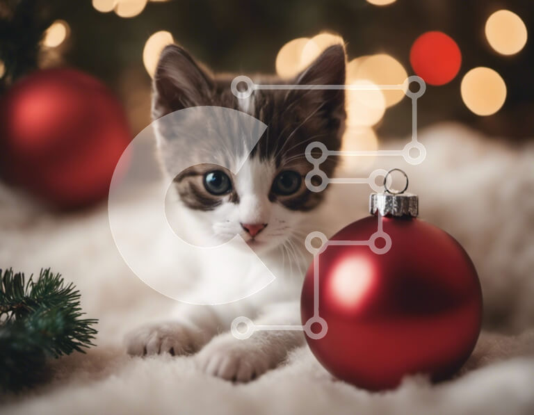 Σετ των 2 Intra Συλλεκτικό Ξύλινο Παζλ Plywood  4mm - Περίεργο γατάκι στις κόκκινες χριστουγεννιάτικες διακοσμήσεις Σε Ξύλινο Κουτί - Διαστάσεις: 10x10 cm – 25 κομμάτια