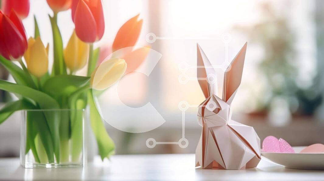 Intra Συλλεκτικό Ξύλινο Παζλ Plywood  4mm - Πασχαλινή γιορτή με λαγουδάκι Origami και τουλίπες Σε Ξύλινο Κουτί - Διαστάσεις: 10x10 cm – 25 κομμάτια