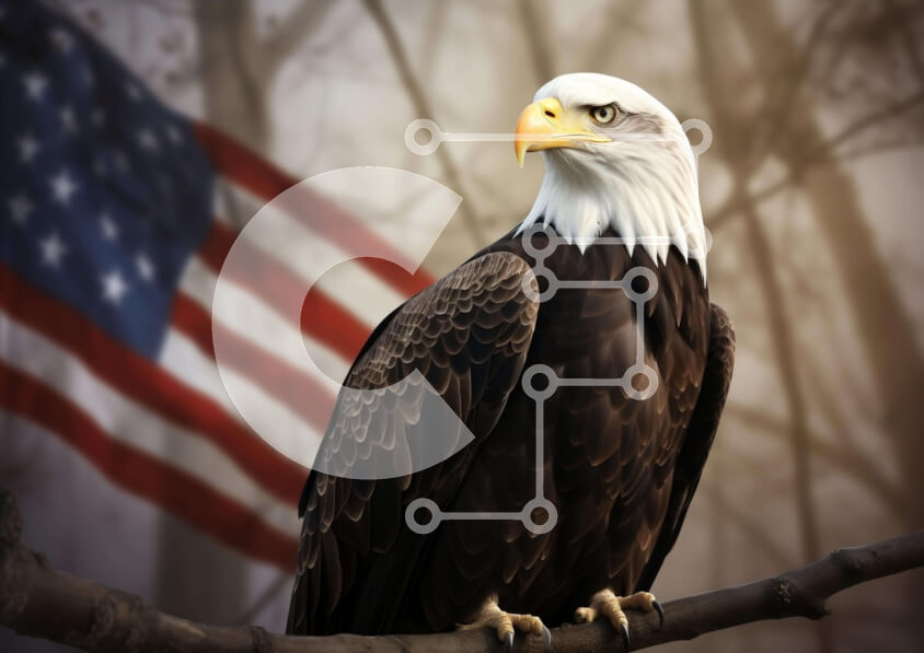 Intra Συλλεκτικό Ξύλινο Παζλ Plywood  4mm - Αετός σκαρφαλωμένος σε κλαδί δέντρου με αμερικανική σημαία Σε Ξύλινο Κουτί - Διαστάσεις: 10x10 cm – 25 κομμάτια