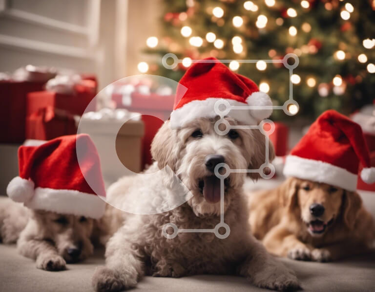 Σετ των 2 Intra Συλλεκτικό Ξύλινο Παζλ Plywood  4mm - Τρία σκυλιά με καπέλα Άγιου Βασίλη και χριστουγεννιάτικο δέντρο Σε Ξύλινο Κουτί - Διαστάσεις: 10x10 cm – 25 κομμάτια